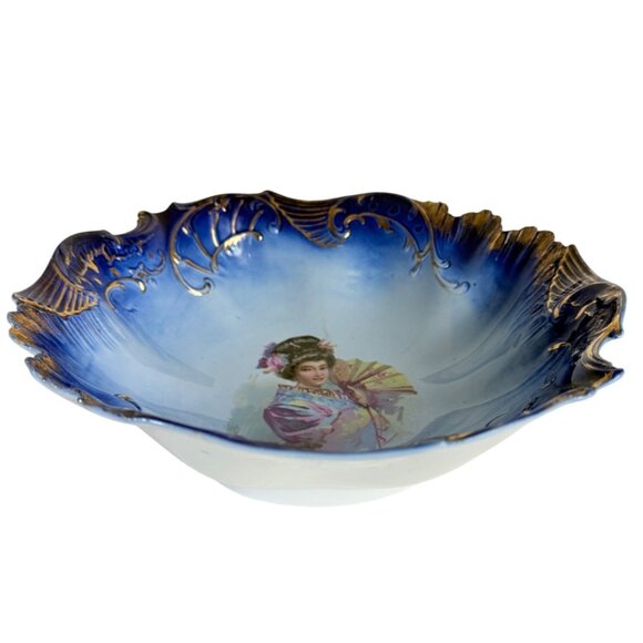 JPF Germany Japanese Geisha Bowl Decorative Porcelain Cobalt Blue Gold Gilt Home - Picture 5 of 15